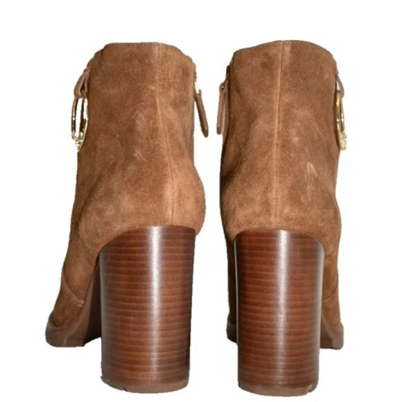 $500 TORY BURCH Sofia Lug Sole Suede Mid-heel Booties LOGO Brown 10.5 (MG24) - Picture 5 of 7